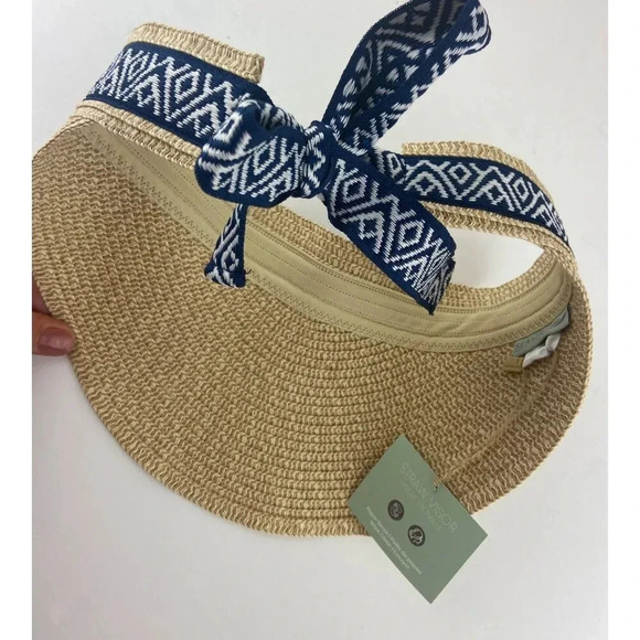 Sea & Grass x Fab Fit Fun Straw Visor with Navy Ribbon Adjustable New with Tags - Picture 5 of 8